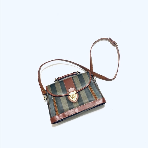 Vintage Handbags - 1980’s Vintage Structured Shoulder Bag - Striped Black, Grey and Brown
